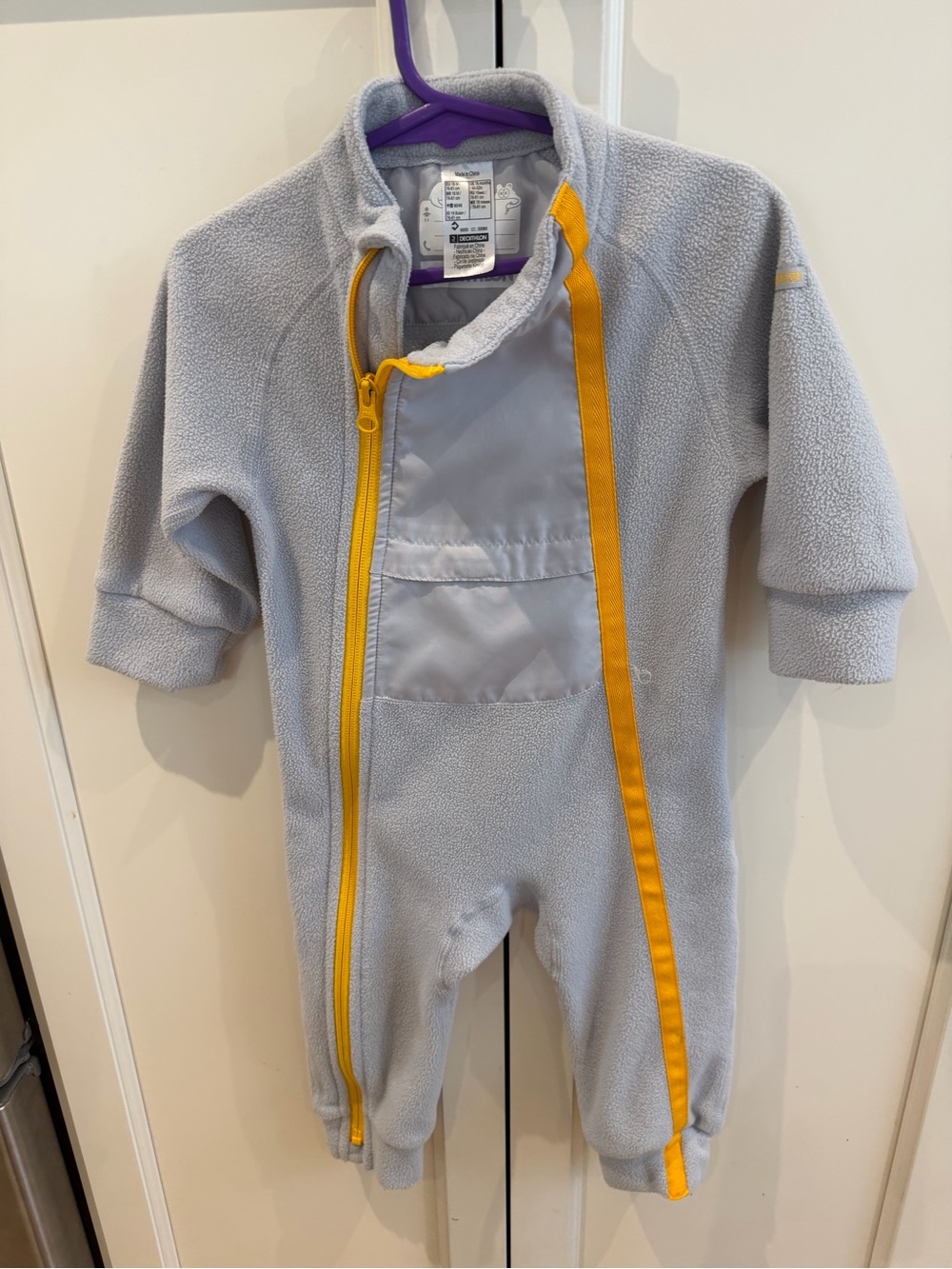 Wedze 18m Kids Light Gray Fleece One-Piece romper with Yellow Trim